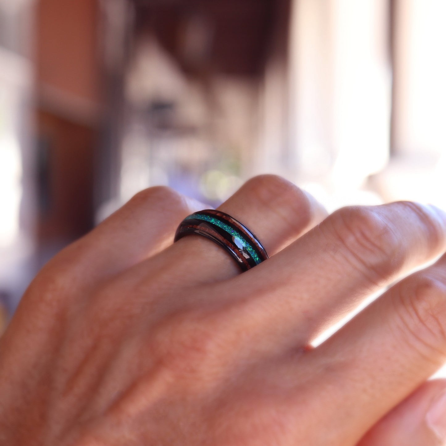 Koa Wood Tungsten Ring, Mens Wedding Band, Green Opal Koa Wood Ring, 8mm Black Tungsten Ring for Men, Unique Wedding Band, Engagement Ring