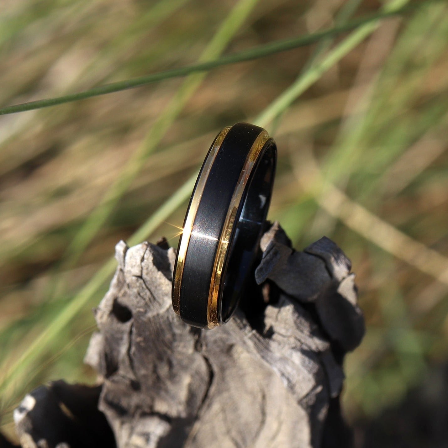 Men's Unique Wedding Band, Black & Gold Brushed Tungsten Ring, Mens Wedding Ring, Men Engagement Ring, Black Tungsten Ring