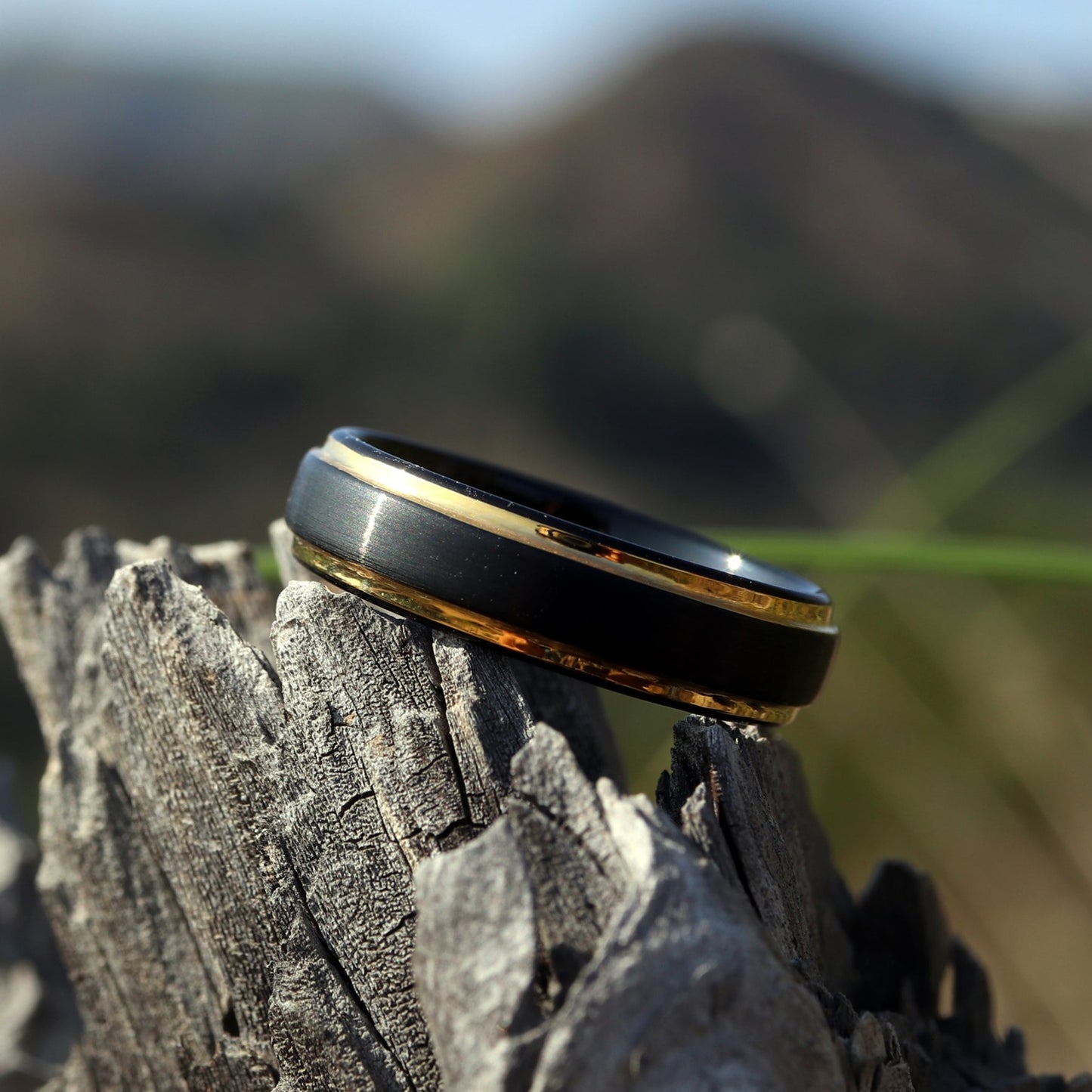 Men's Unique Wedding Band, Black & Gold Brushed Tungsten Ring, Mens Wedding Ring, Men Engagement Ring, Black Tungsten Ring
