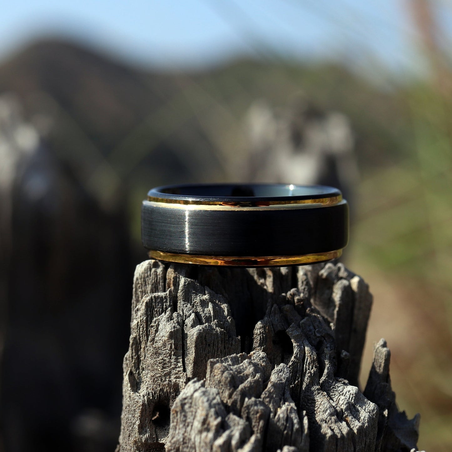 Men's Unique Wedding Band, Black & Gold Brushed Tungsten Ring, Mens Wedding Ring, Men Engagement Ring, Black Tungsten Ring
