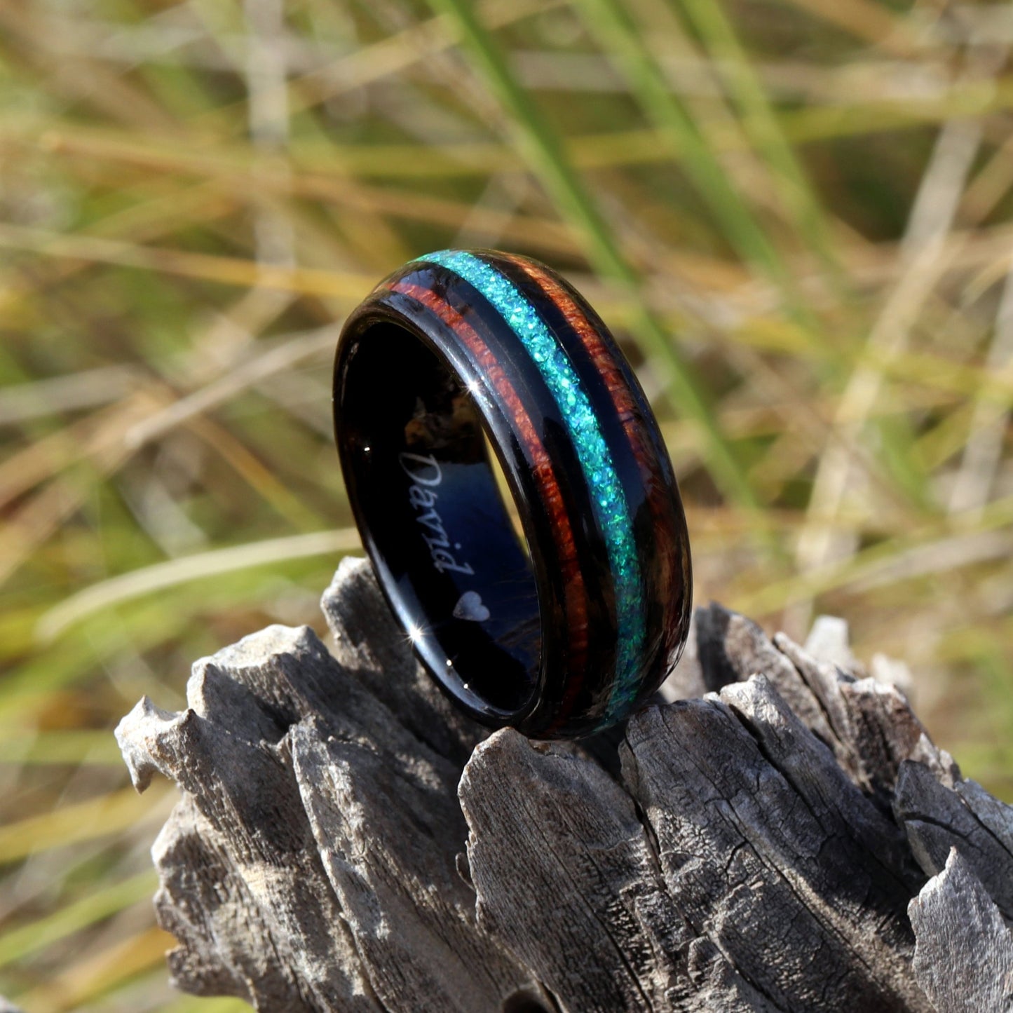Koa Wood Tungsten Ring, Mens Wedding Band, Green Opal Koa Wood Ring, 8mm Black Tungsten Ring for Men, Unique Wedding Band, Engagement Ring