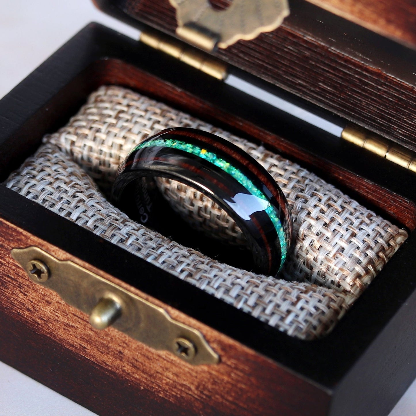 Koa Wood Tungsten Ring, Mens Wedding Band, Green Opal Koa Wood Ring, 8mm Black Tungsten Ring for Men, Unique Wedding Band, Engagement Ring