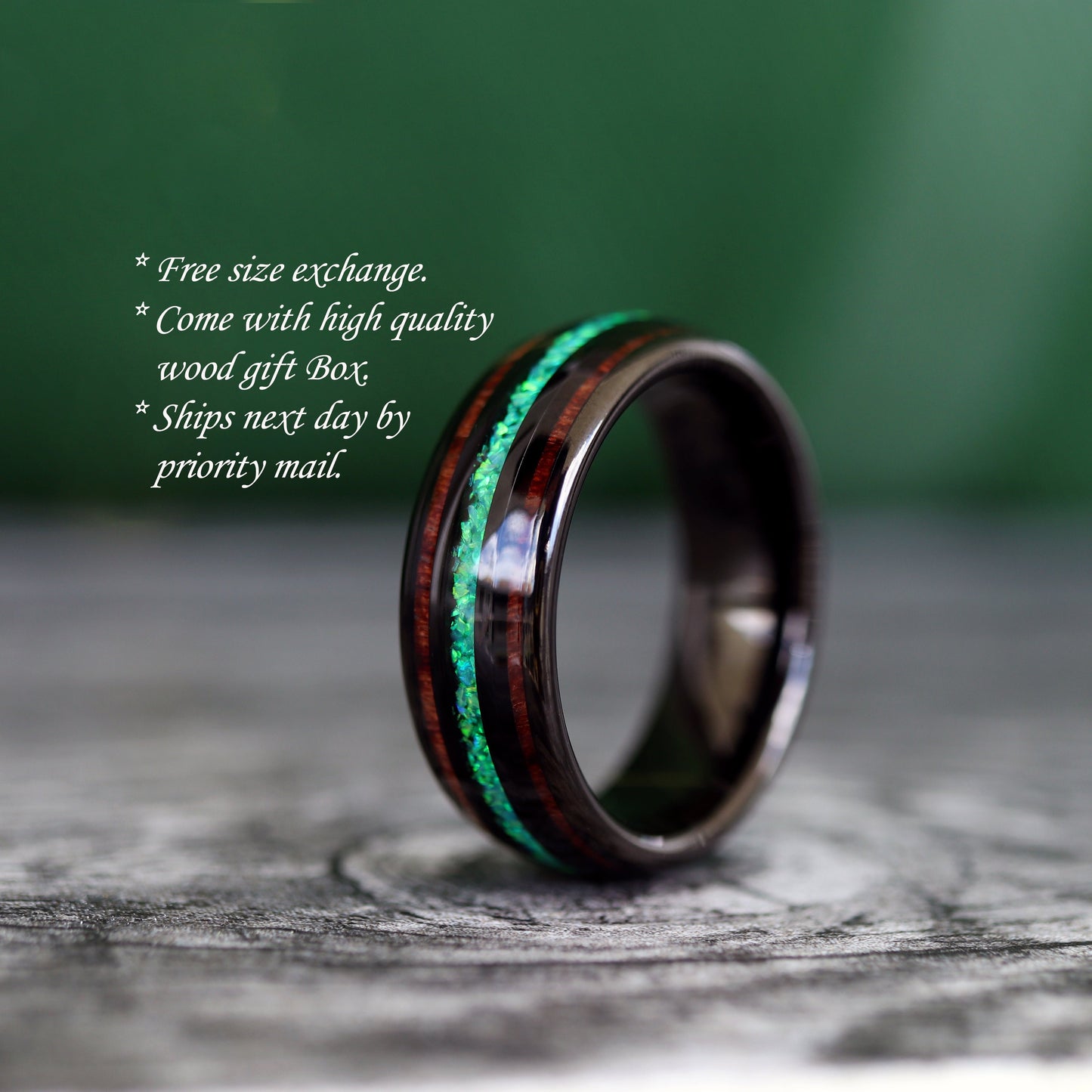Koa Wood Tungsten Ring, Mens Wedding Band, Green Opal Koa Wood Ring, 8mm Black Tungsten Ring for Men, Unique Wedding Band, Engagement Ring