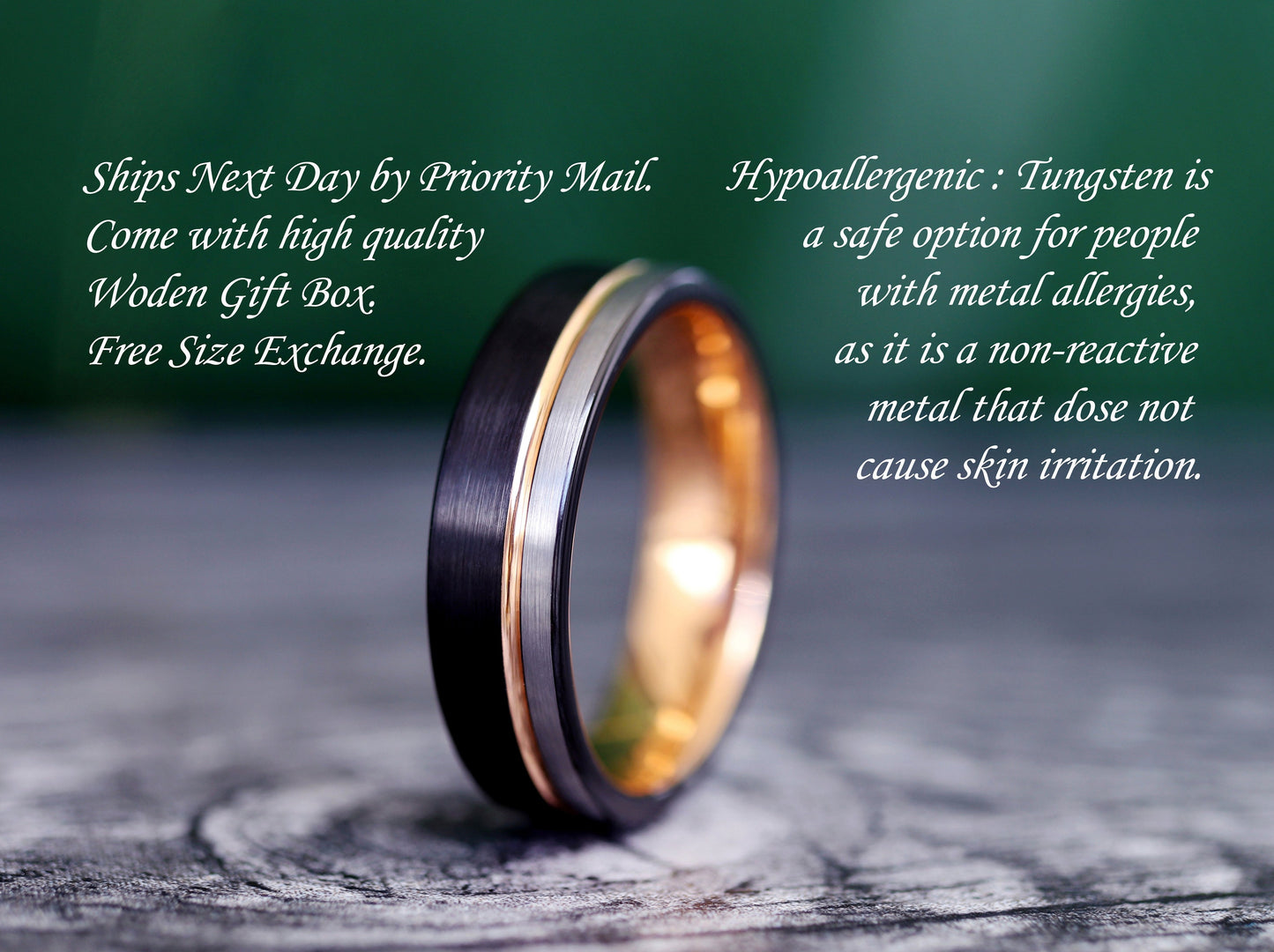 Men's Unique Wedding Band, Black & Silver Brushed Rose Gold Tungsten Ring, Mens Wedding Ring, Men Engagement Ring, Black Tungsten Ring