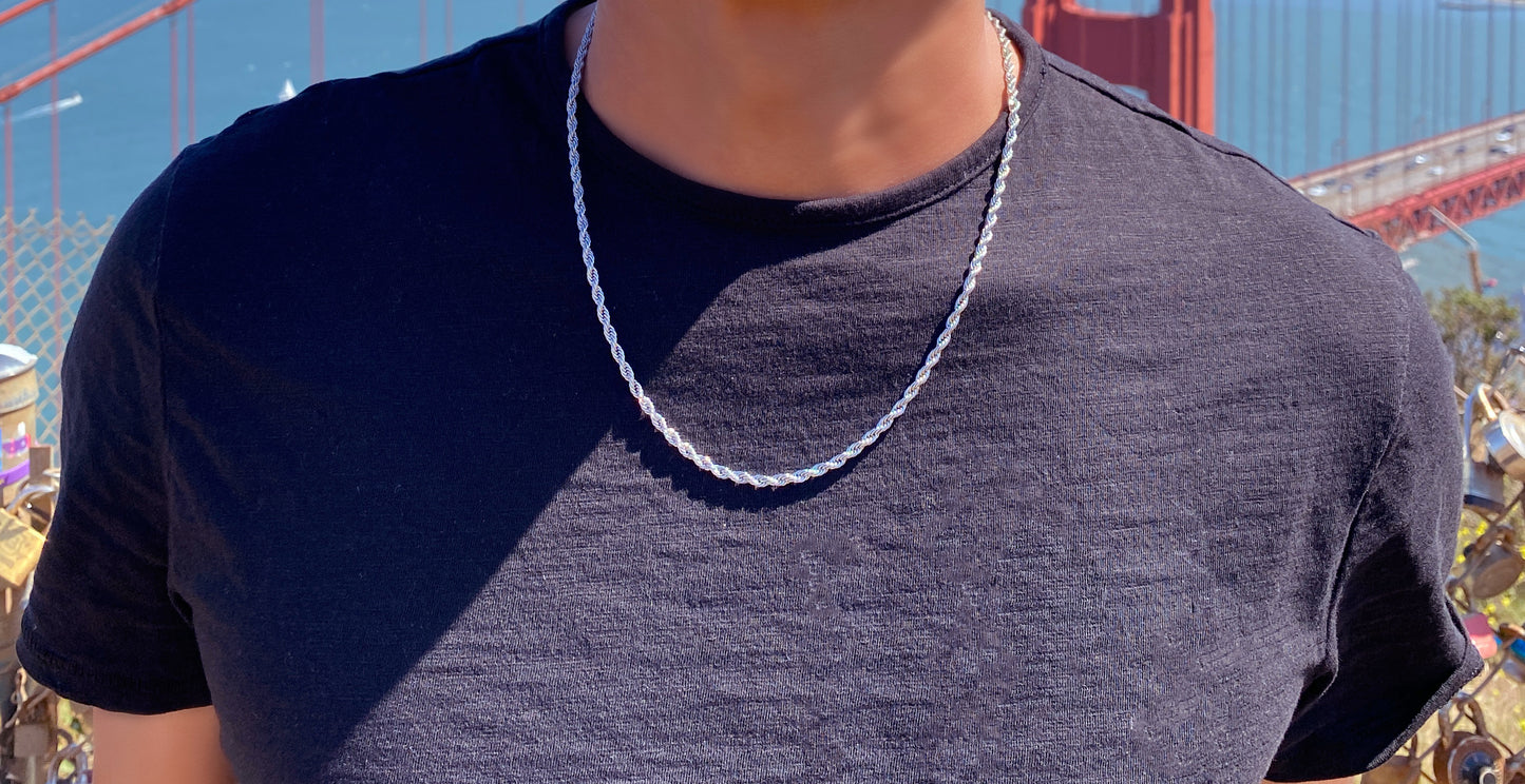 Men's Rope Chain Necklace, Men's Necklace, Stainless Steel Silver Chain Necklace for Men, Men's Chain Necklace, 3mm Rope Chain