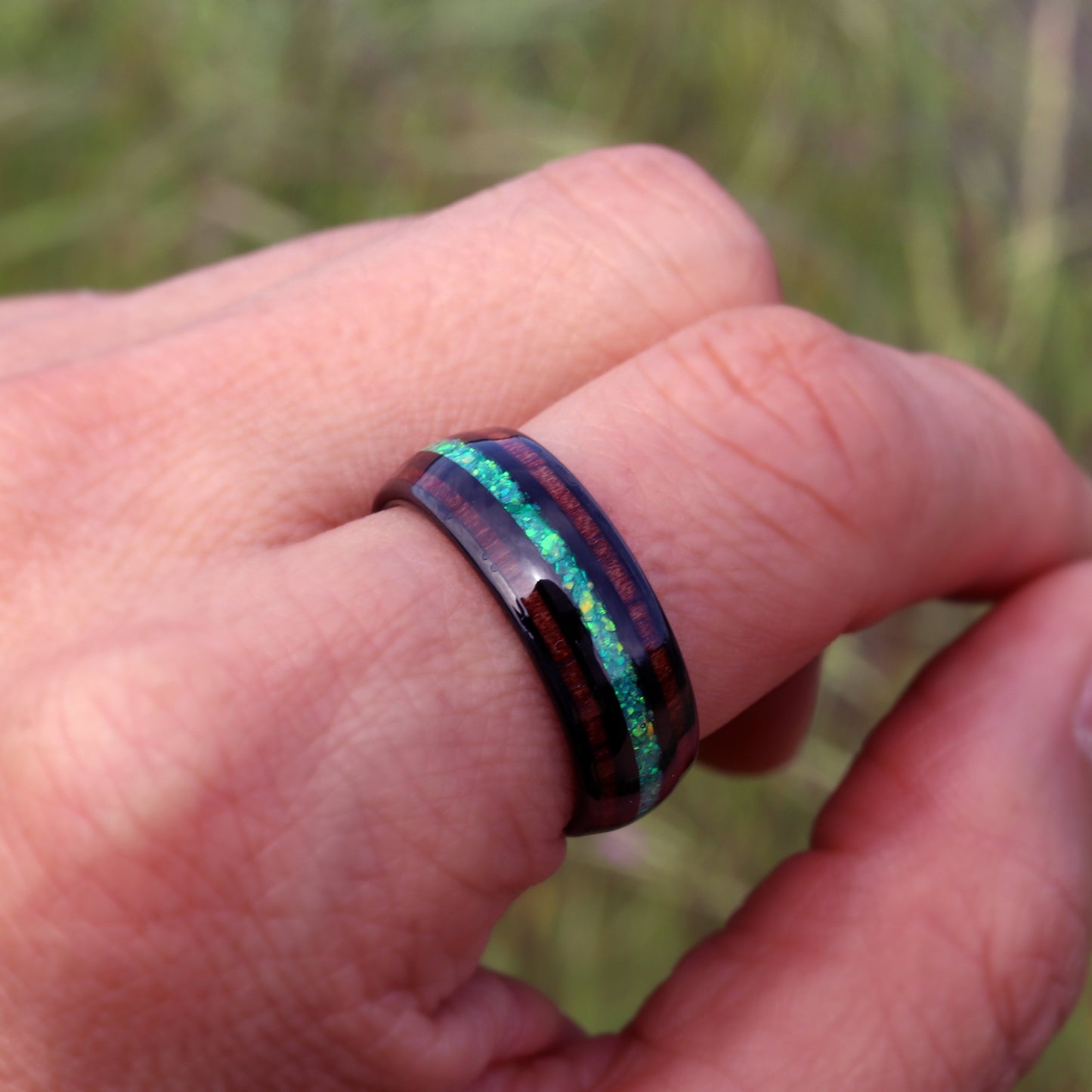 Koa Wood Tungsten Ring, Mens Wedding Band, Green Opal Koa Wood Ring, 8mm Black Tungsten Ring for Men, Unique Wedding Band, Engagement Ring