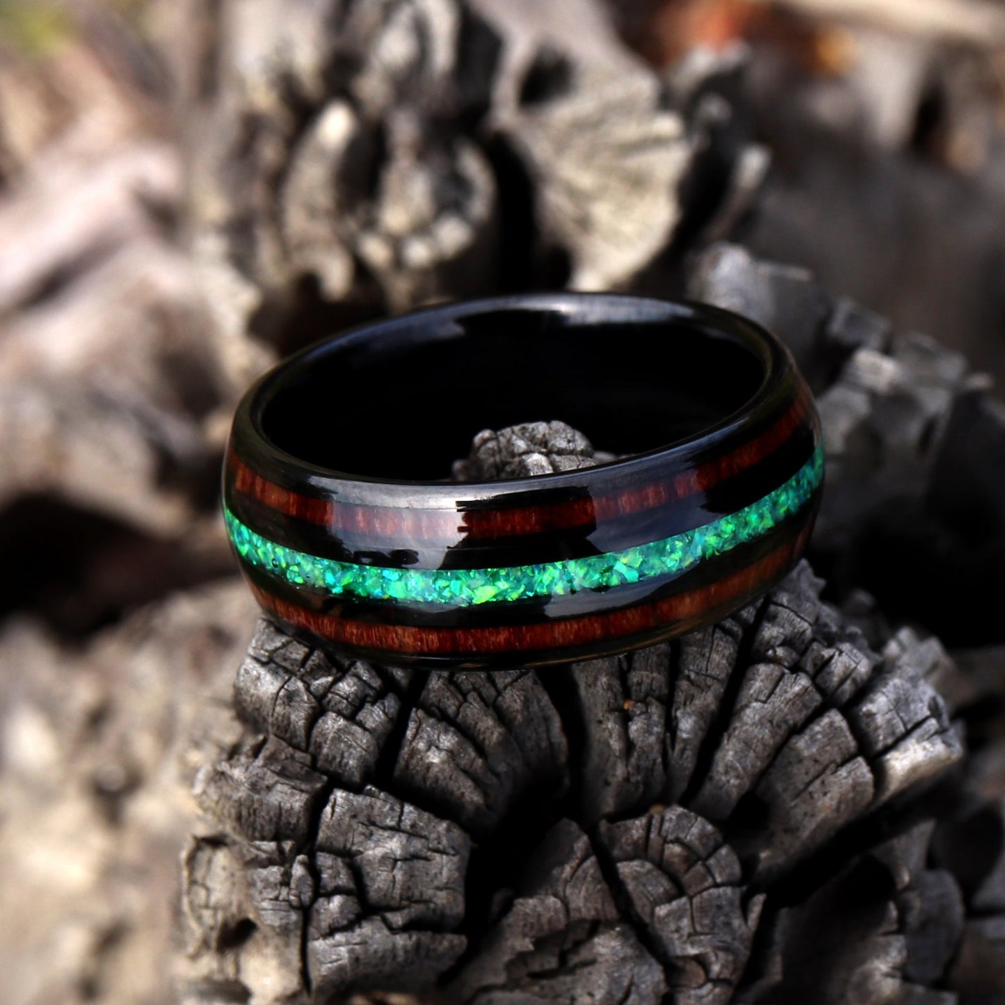 Koa Wood Tungsten Ring, Mens Wedding Band, Green Opal Koa Wood Ring, 8mm Black Tungsten Ring for Men, Unique Wedding Band, Engagement Ring