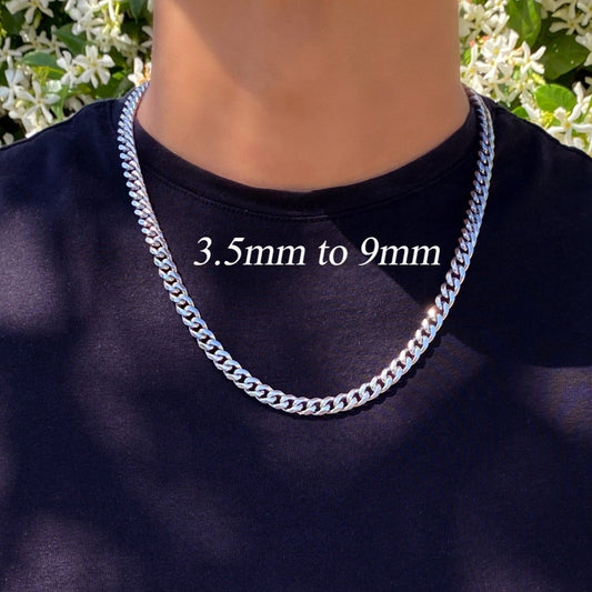 Men's Chain Necklace, Cuban Link Chain Necklace, Stainless Steel Silver Chain, 3.5mm to 9mm Cuban Chain Necklace for Men