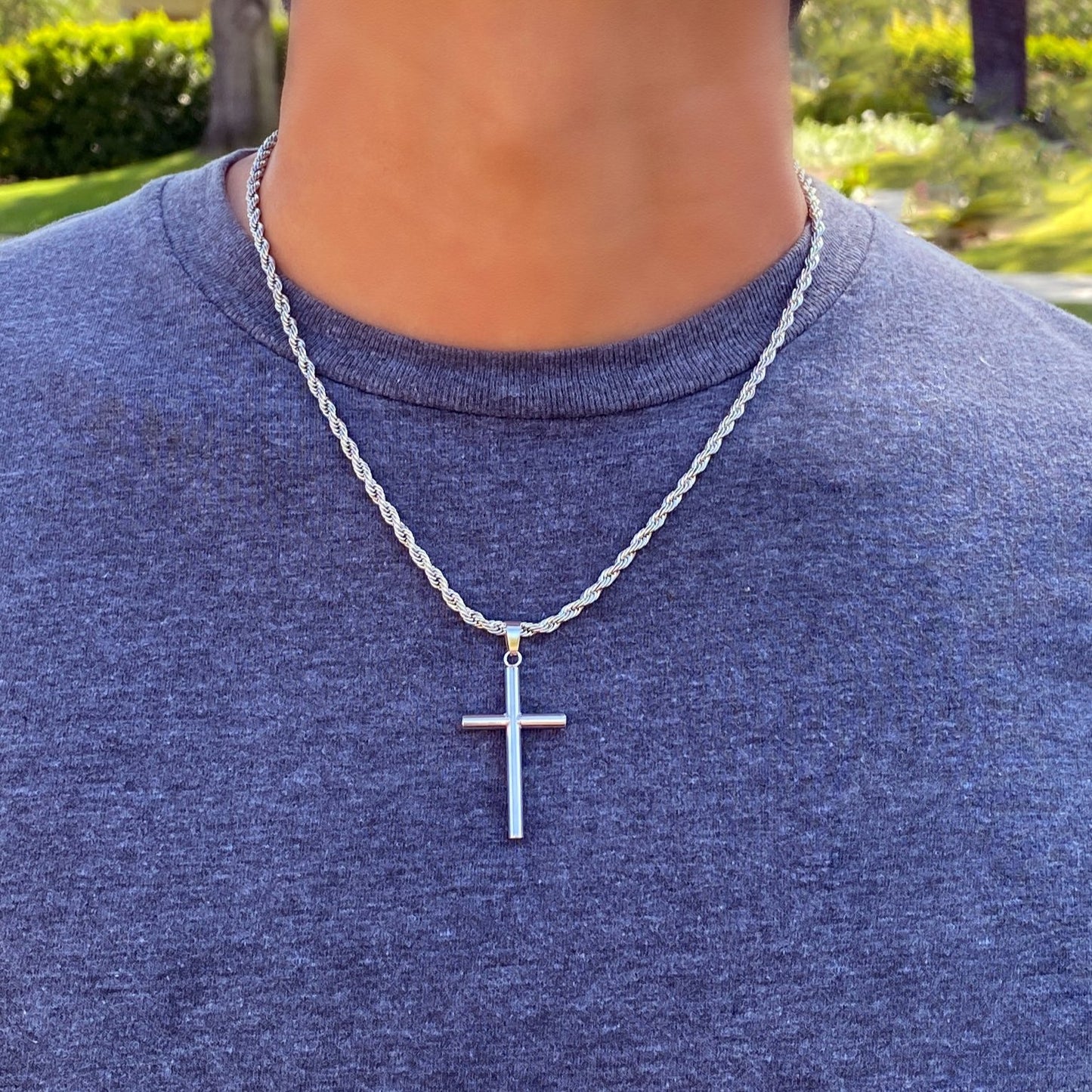 Men's Necklace, Men's Cross Necklace, Tube Cross Necklace for Men, Stainless Steel Silver Cross Pendant with 3mm Rope Chain