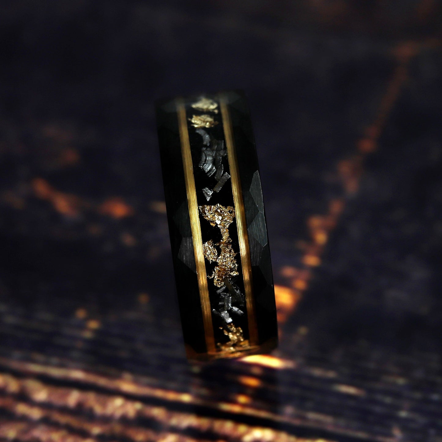 Hammered Gold Leaf Wedding Band, Meteorite Ring, Men's Unique Wedding Band, Black Hammered Tungsten Ring, Mens Hammered Brushed Wedding Ring