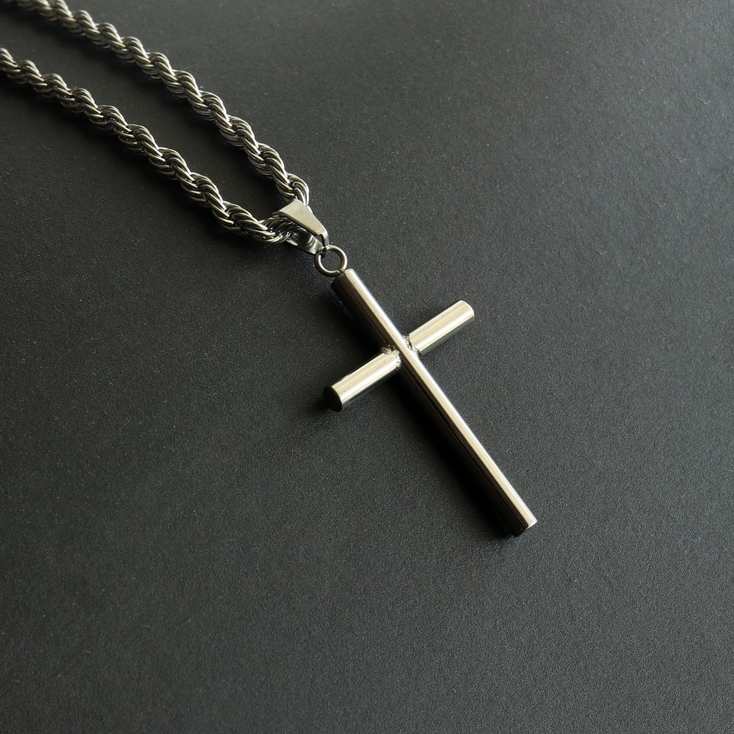 Men's Necklace, Men's Cross Necklace, Tube Cross Necklace for Men, Stainless Steel Silver Cross Pendant with 3mm Rope Chain