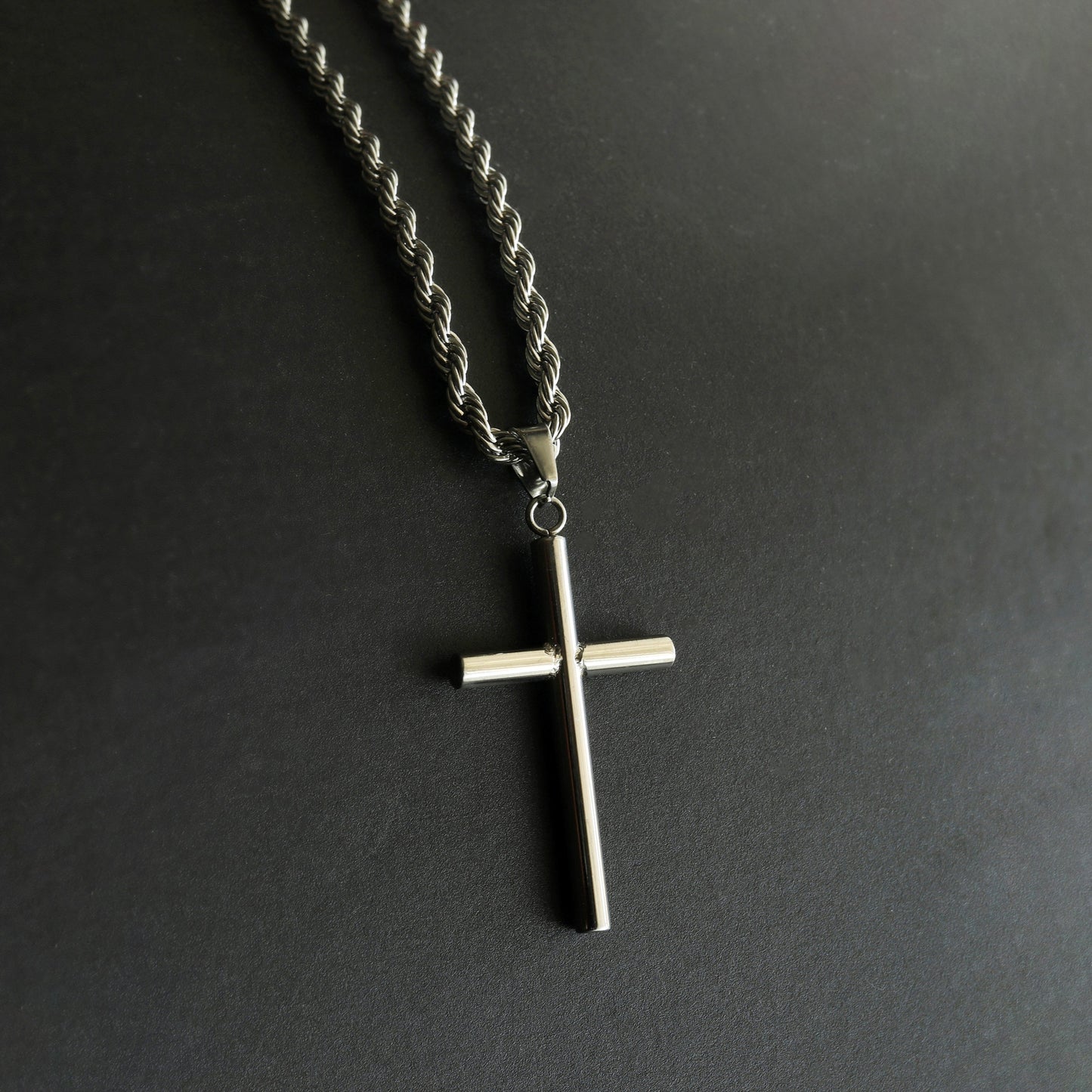 Men's Necklace, Men's Cross Necklace, Tube Cross Necklace for Men, Stainless Steel Silver Cross Pendant with 3mm Rope Chain