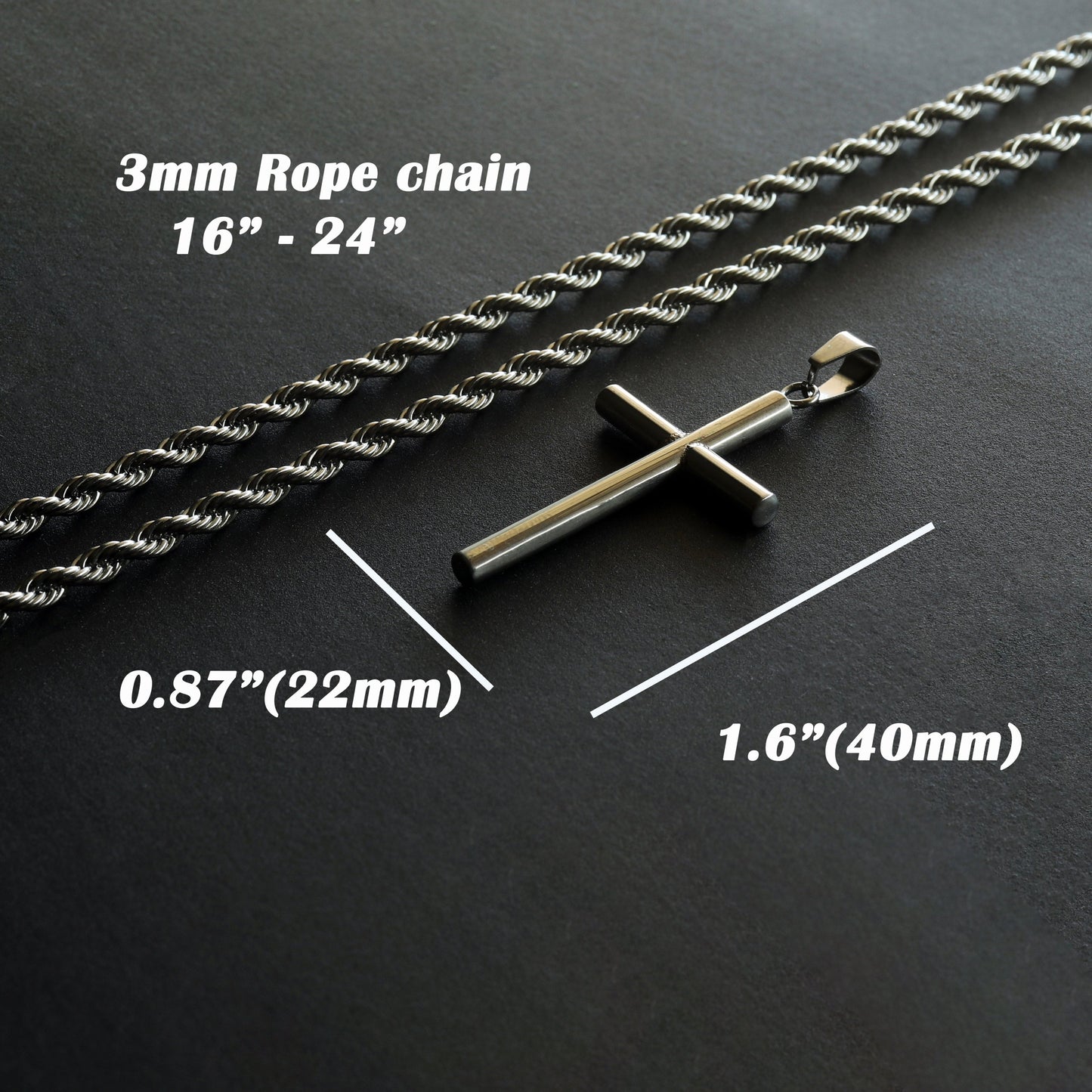 Men's Necklace, Men's Cross Necklace, Tube Cross Necklace for Men, Stainless Steel Silver Cross Pendant with 3mm Rope Chain