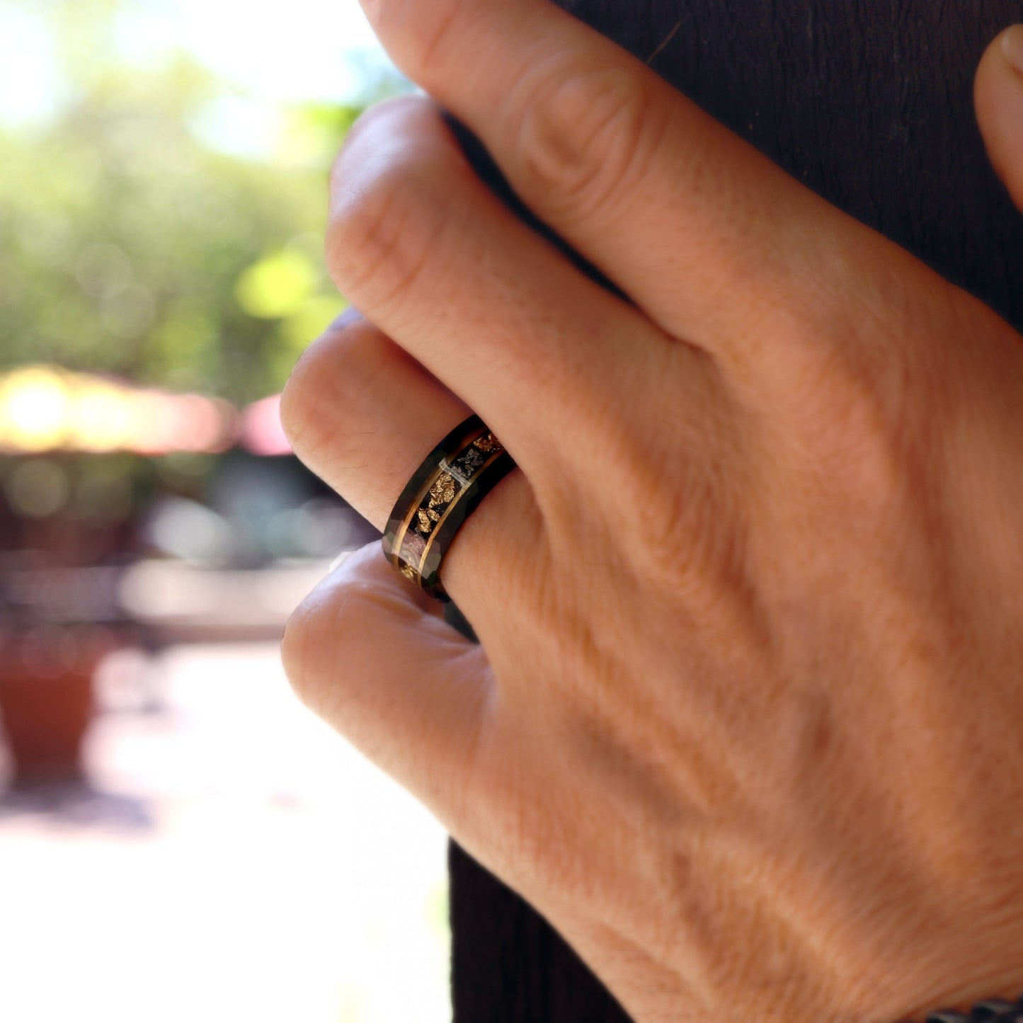 Hammered Gold Leaf Wedding Band, Meteorite Ring, Men's Unique Wedding Band, Black Hammered Tungsten Ring, Mens Hammered Brushed Wedding Ring