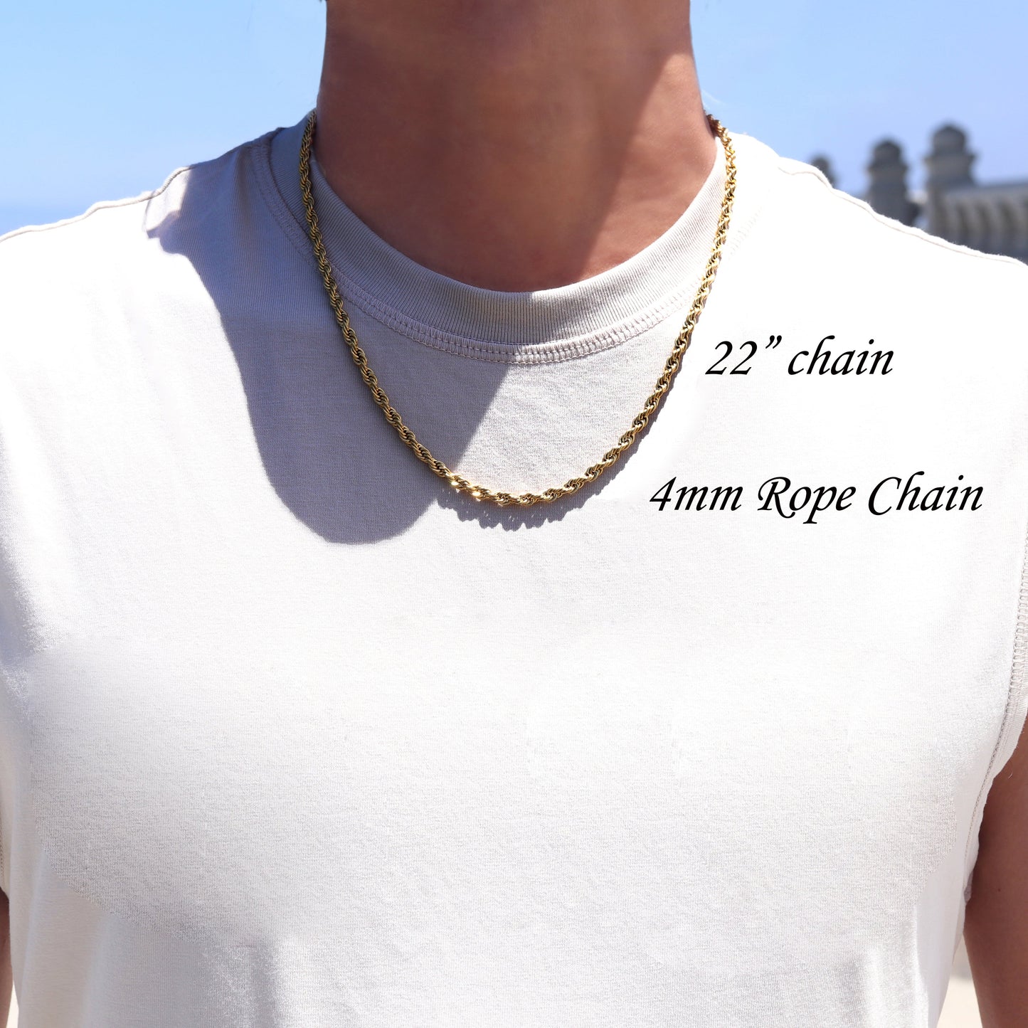 Rope Chain Necklace, 4mm Stainless Steel Gold Chain, Men's Jewelry
