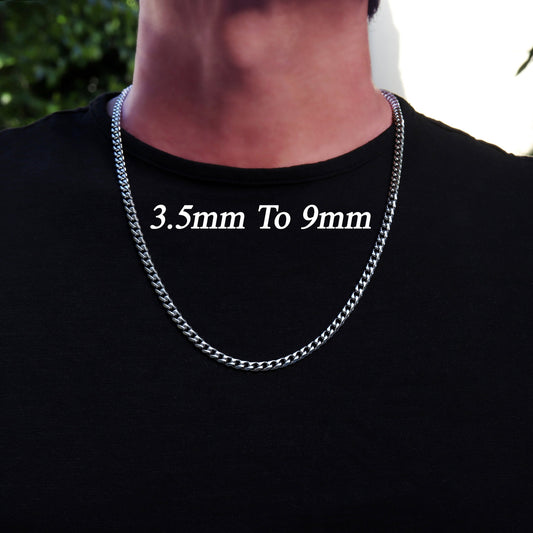 Miami Cuban Chain, Cuban Link Chain, Mens Chain Necklace, Waterproof Chain Necklace, Stainless Steel Silver Chain, 3.5mm,5mm, 7mm, 9mm Chain