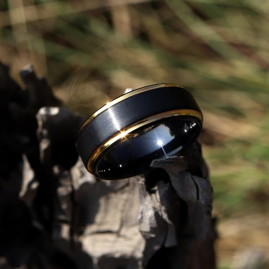 Men's Unique Wedding Band, Black & Gold Brushed Tungsten Ring, Mens Wedding Ring, Men Engagement Ring, Black Tungsten Ring