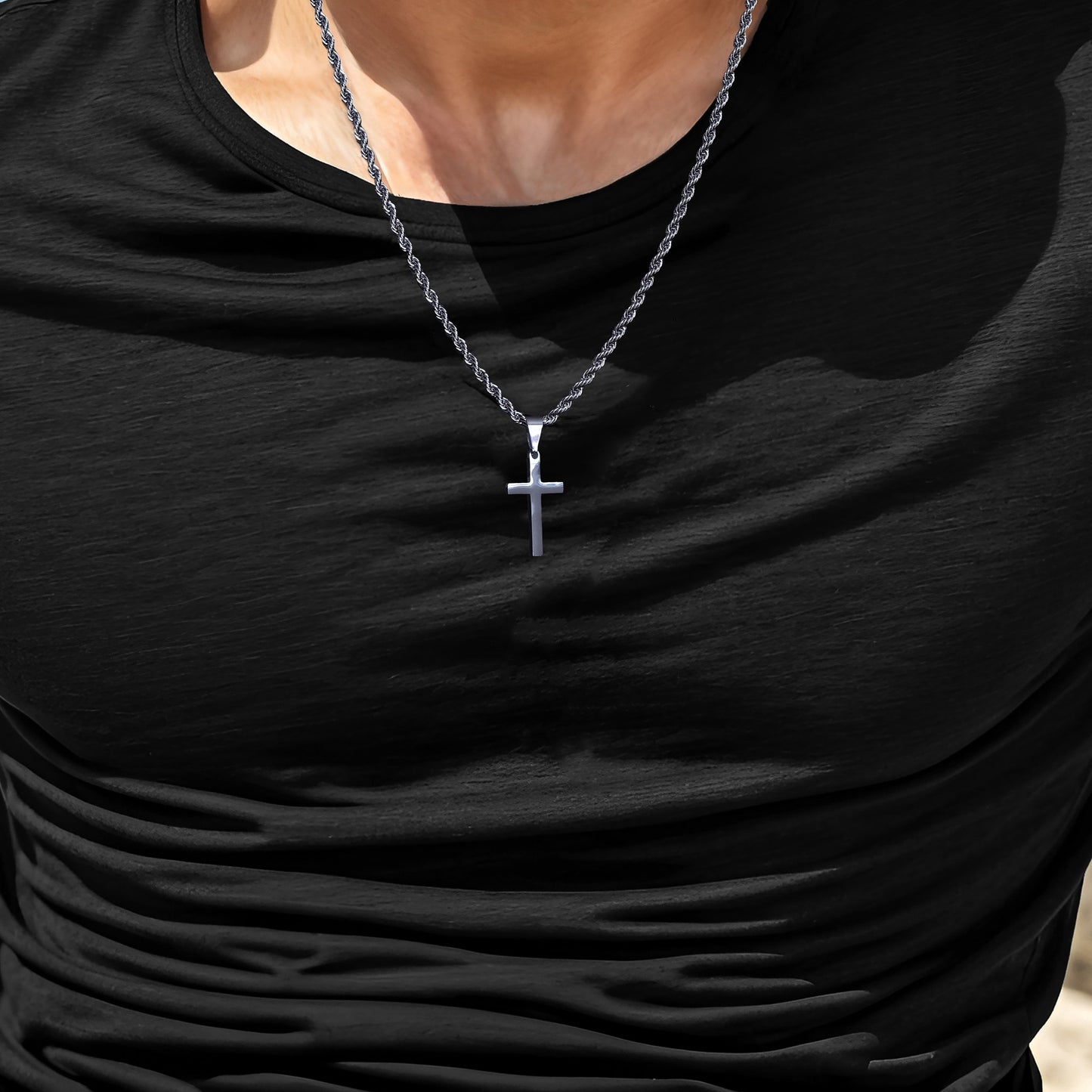 Men's Cross Necklace, Stainless Steel Silver Cross Necklace for Men, Cross Pendant with Rope Chain