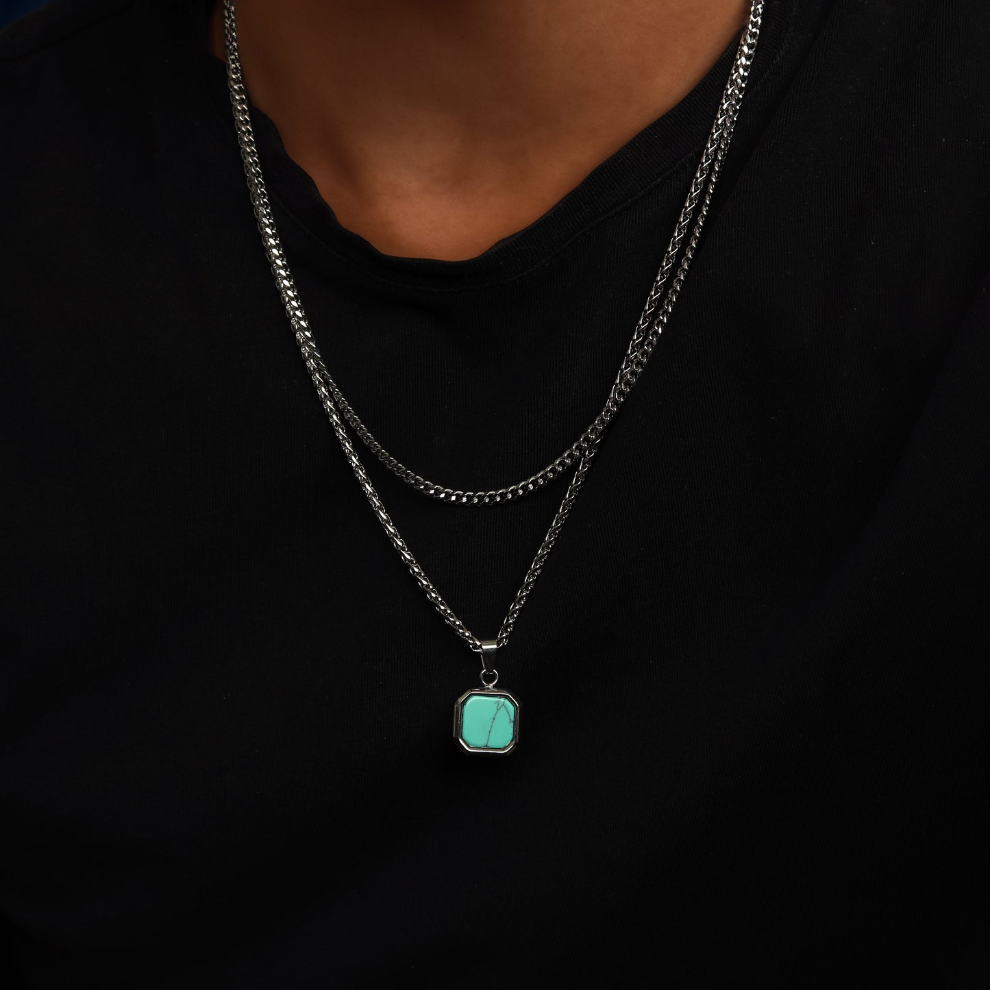 Mens Necklace, Turquoise Stone Pendant Necklace, Gift for Him, Boyfriend Necklace, Waterproof Necklace for Men