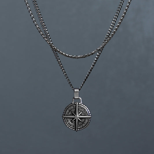 Men's North Star Compass Pendant Necklace, Waterproof Necklace Man, Stainless Steel Silver Compass Necklace