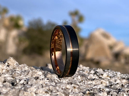 Men's Unique Wedding Band, Black & Silver Brushed Rose Gold Tungsten Ring, Mens Wedding Ring, Men Engagement Ring, Black Tungsten Ring