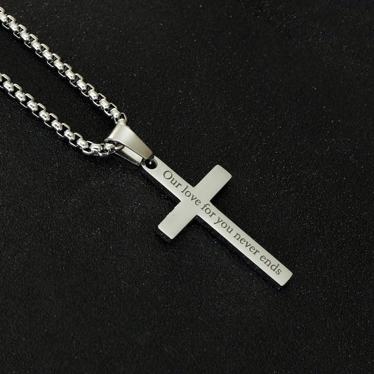 Personalized Engraved Men's Cross Necklace - Stainless Steel Silver Cross Necklace