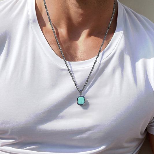 Mens Necklace, Turquoise Stone Pendant Necklace, Gift for Him, Boyfriend Necklace, Waterproof Necklace for Men