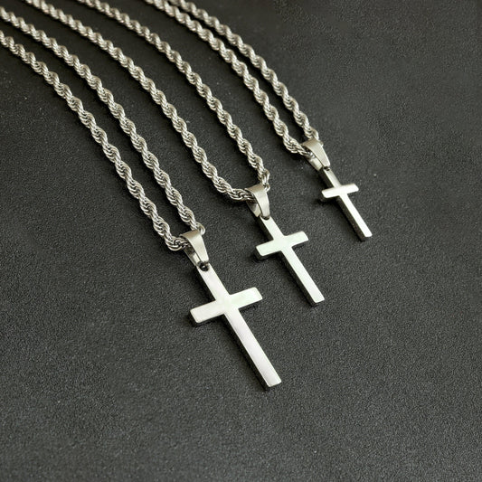 Men's Cross Necklace, Stainless Steel Silver Cross Necklace for Men, Cross Pendant with Rope Chain