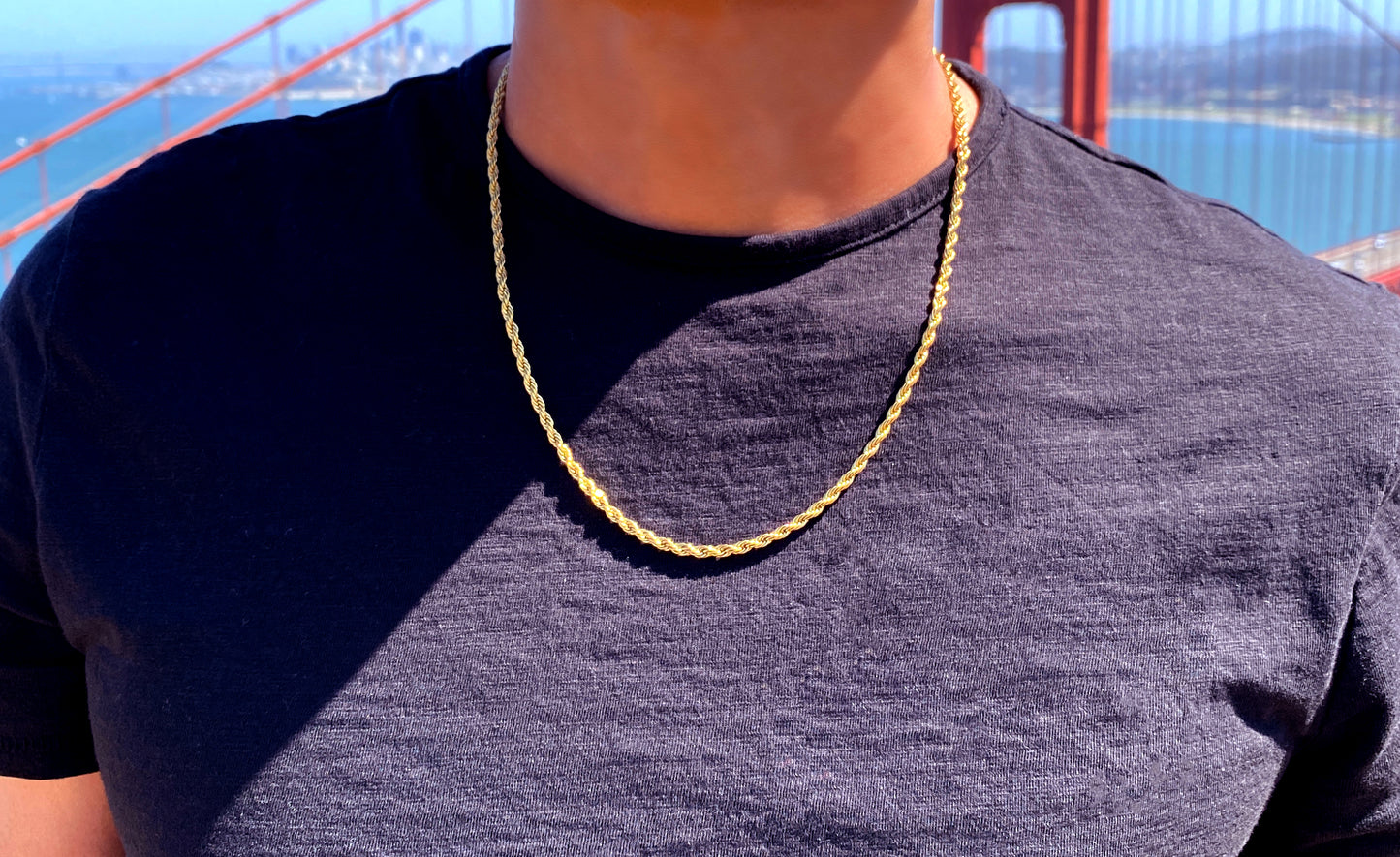 Men's Chain Necklace, Rope Chain Necklace, Stainless Steel Gold Chain, 3mm Rope Chain Necklace for Men