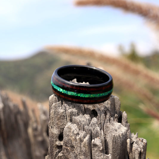 Koa Wood Tungsten Ring, Mens Wedding Band, Green Opal Koa Wood Ring, 8mm Black Tungsten Ring for Men, Unique Wedding Band, Engagement Ring