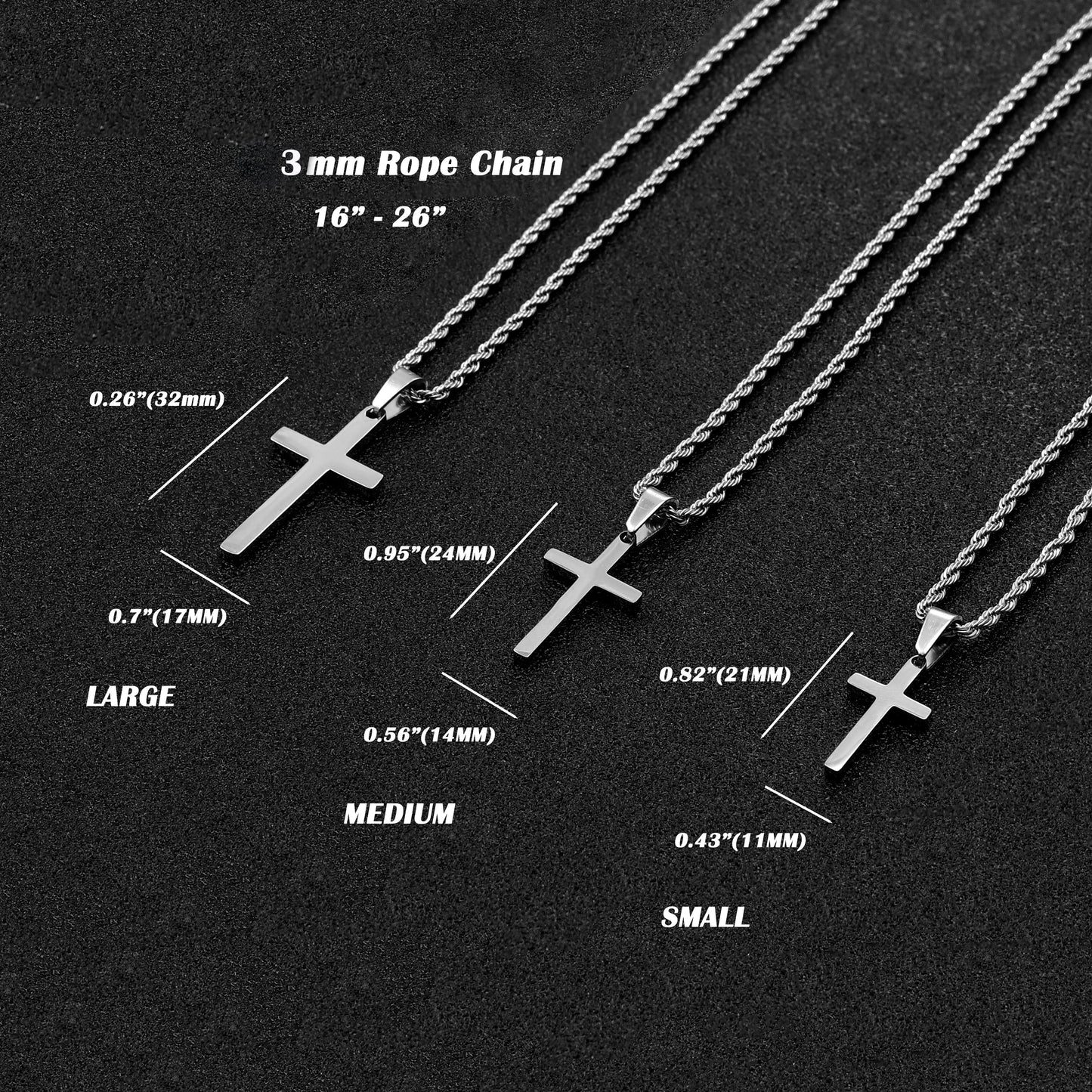 Men's Cross Necklace, Stainless Steel Silver Cross Necklace for Men, Cross Pendant with Rope Chain