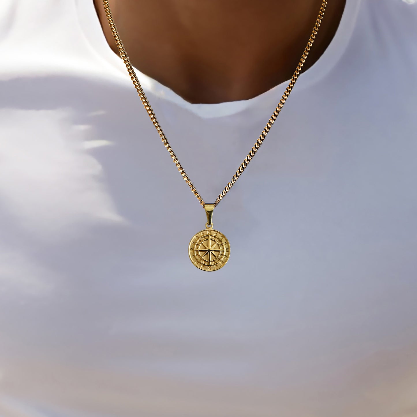 Men's Compass Necklace, North Star Compass Pendant Necklace for Boys, Compass Pendant with 3.5mm Cuban Link Chain