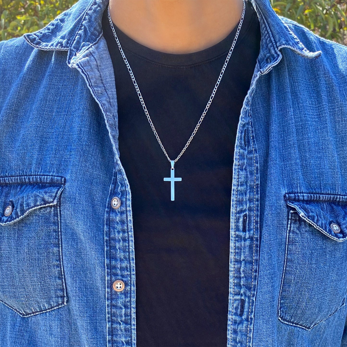 Cross Necklace for Men, Stainless Steel Silver Cross Necklaces for Boys, Cross Pendant with Figaro Link Chain Necklace 16”-26”