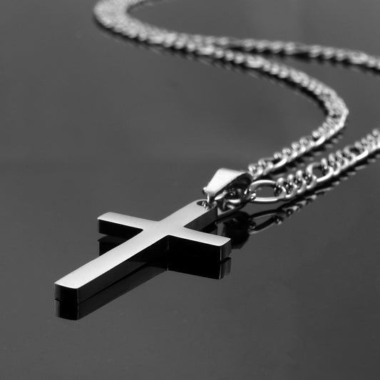 Cross Necklace for Men, Stainless Steel Silver Cross Necklaces for Boys, Cross Pendant with Figaro Link Chain Necklace 16”-26”