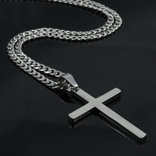 Cross Necklace for Men, Stainless Steel Silver Cross Pendant Necklace with Cuban Link Chain 16", 18”, 20", 22", 24", 26"