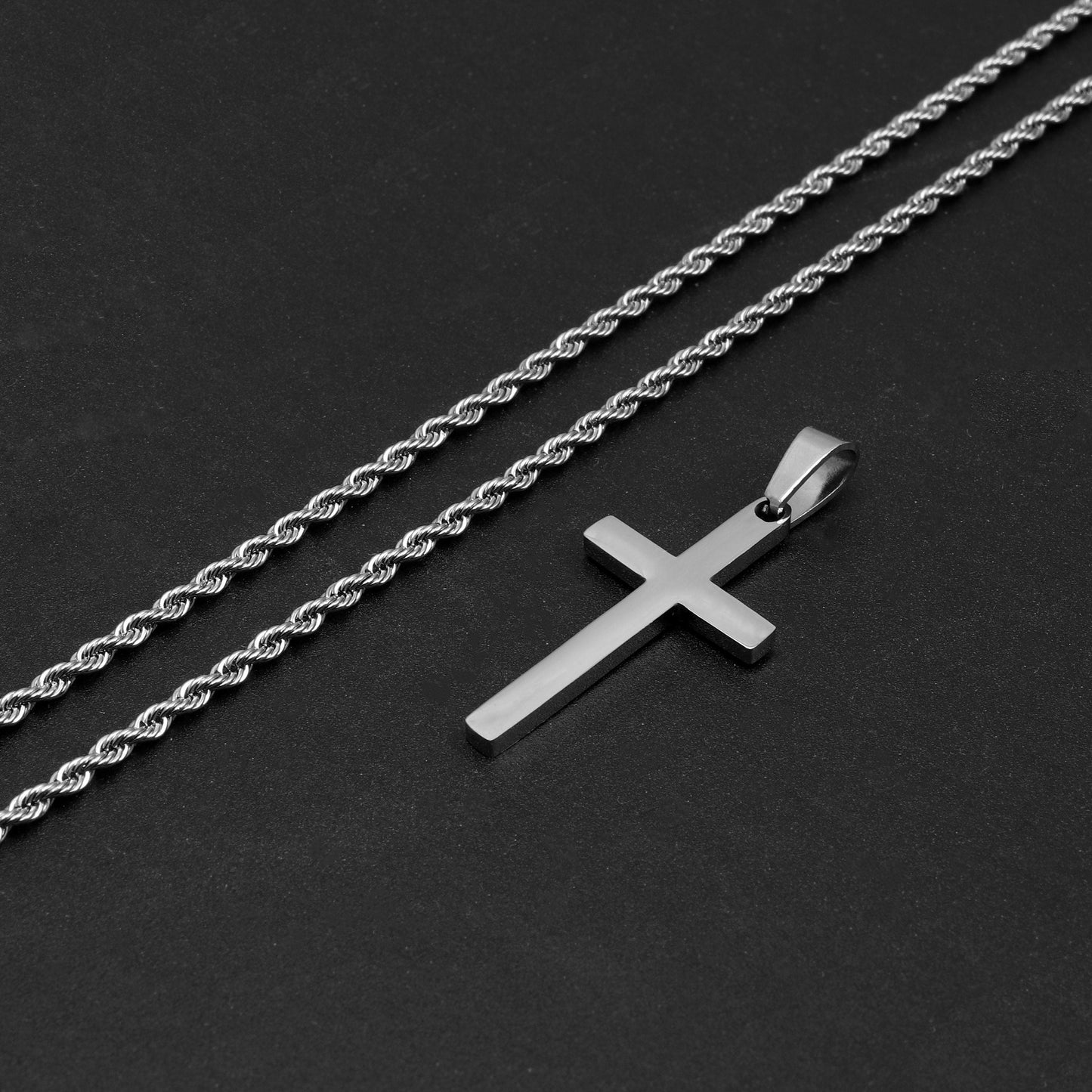 Men's Cross Necklace, Stainless Steel Silver Cross Necklace for Men, Cross Pendant with Rope Chain