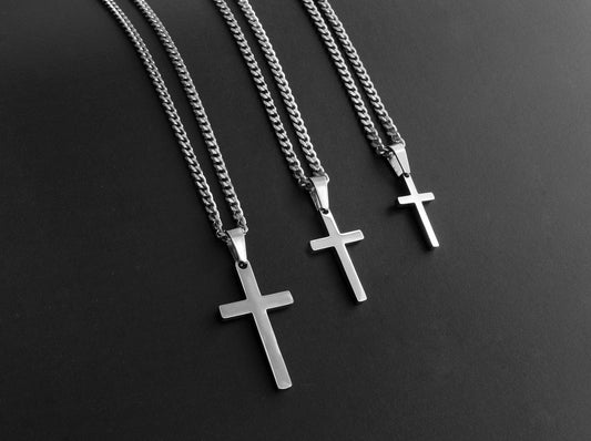 Men's Cross Necklace, Boys Cross Necklace,  Waterproof Jewelry, Stainless Steel Silver Cross Necklace for Men