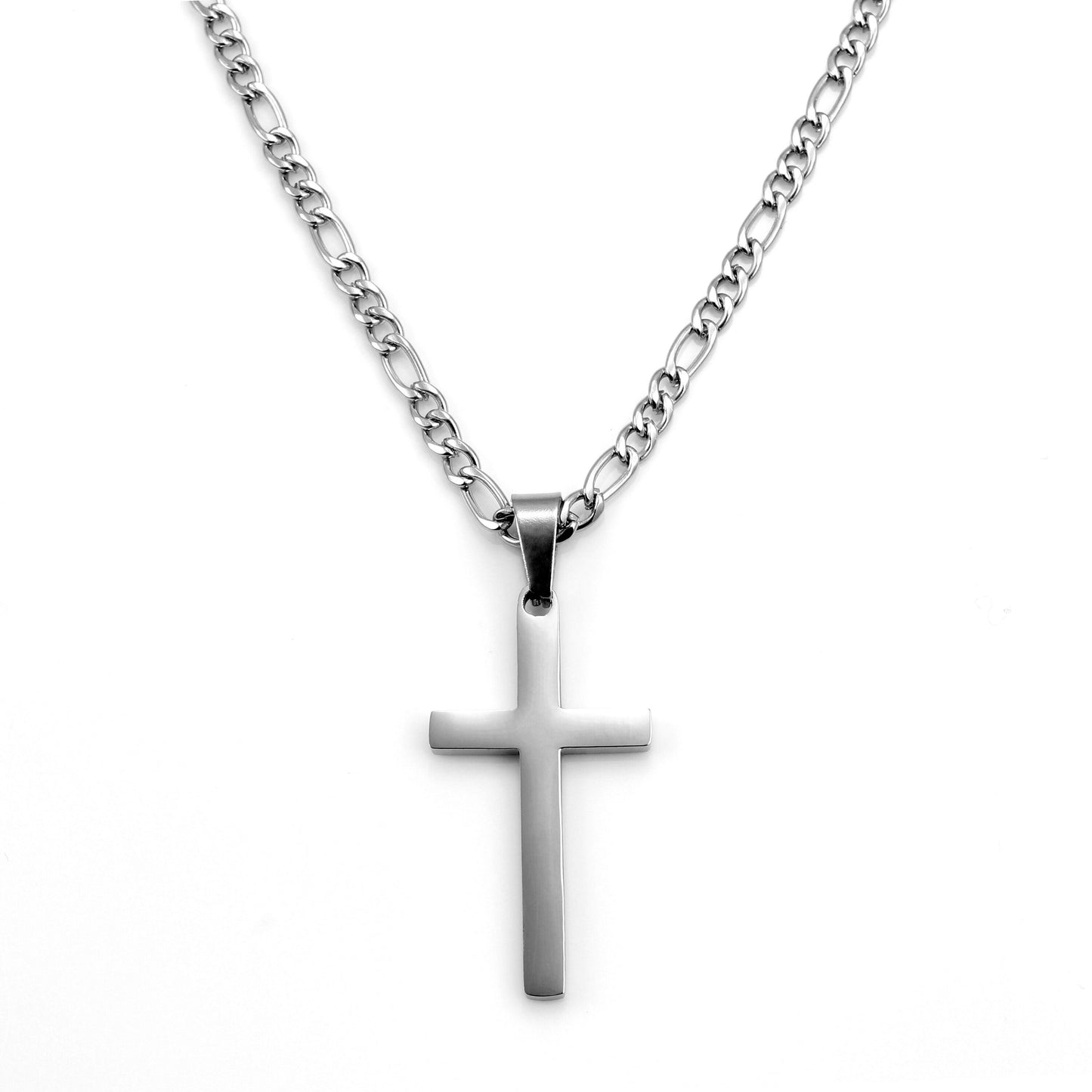 Cross Necklace for Men, Stainless Steel Silver Cross Necklaces for Boys, Cross Pendant with Figaro Link Chain Necklace 16”-26”