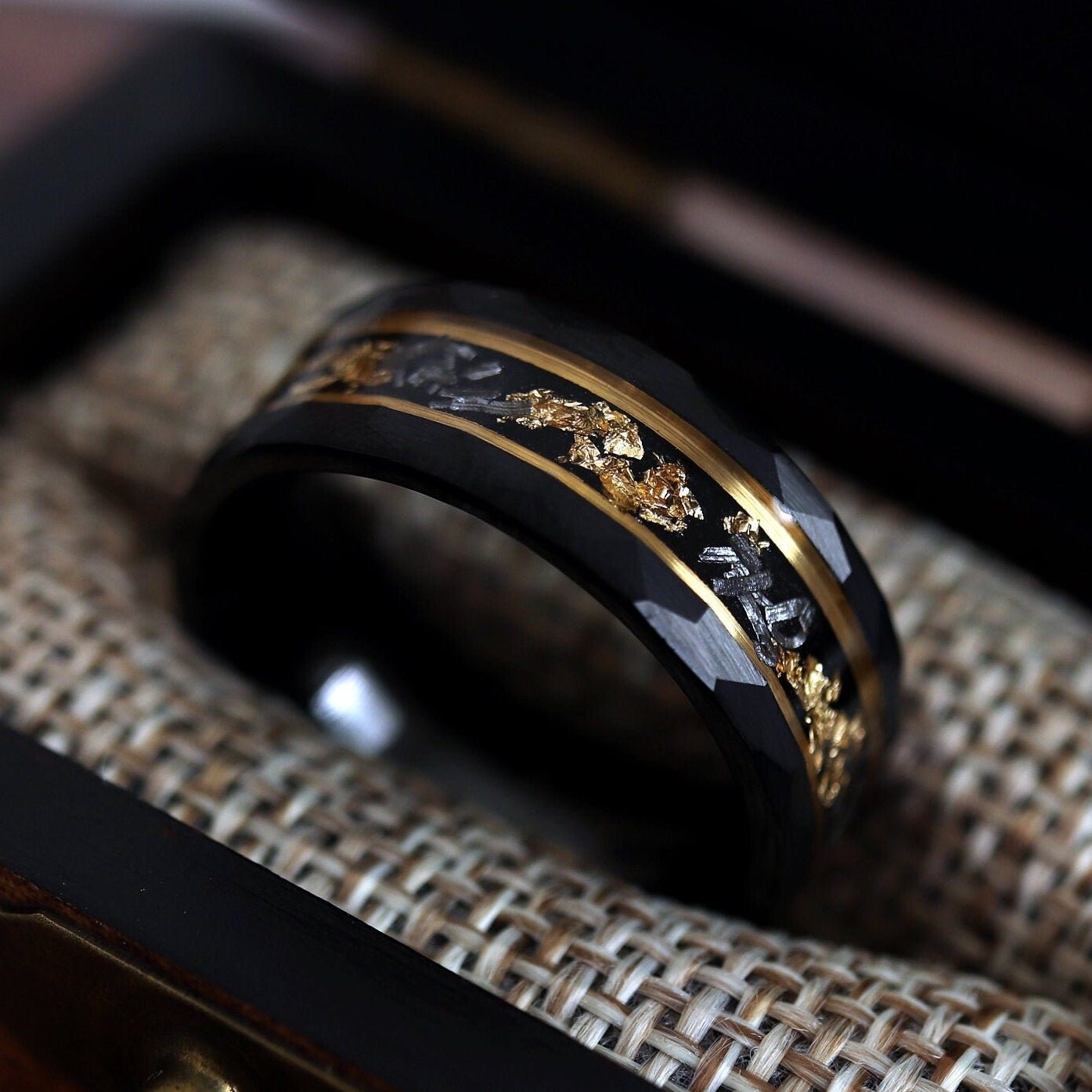 Hammered Gold Leaf Wedding Band, Meteorite Ring, Men's Unique Wedding Band, Black Hammered Tungsten Ring, Mens Hammered Brushed Wedding Ring