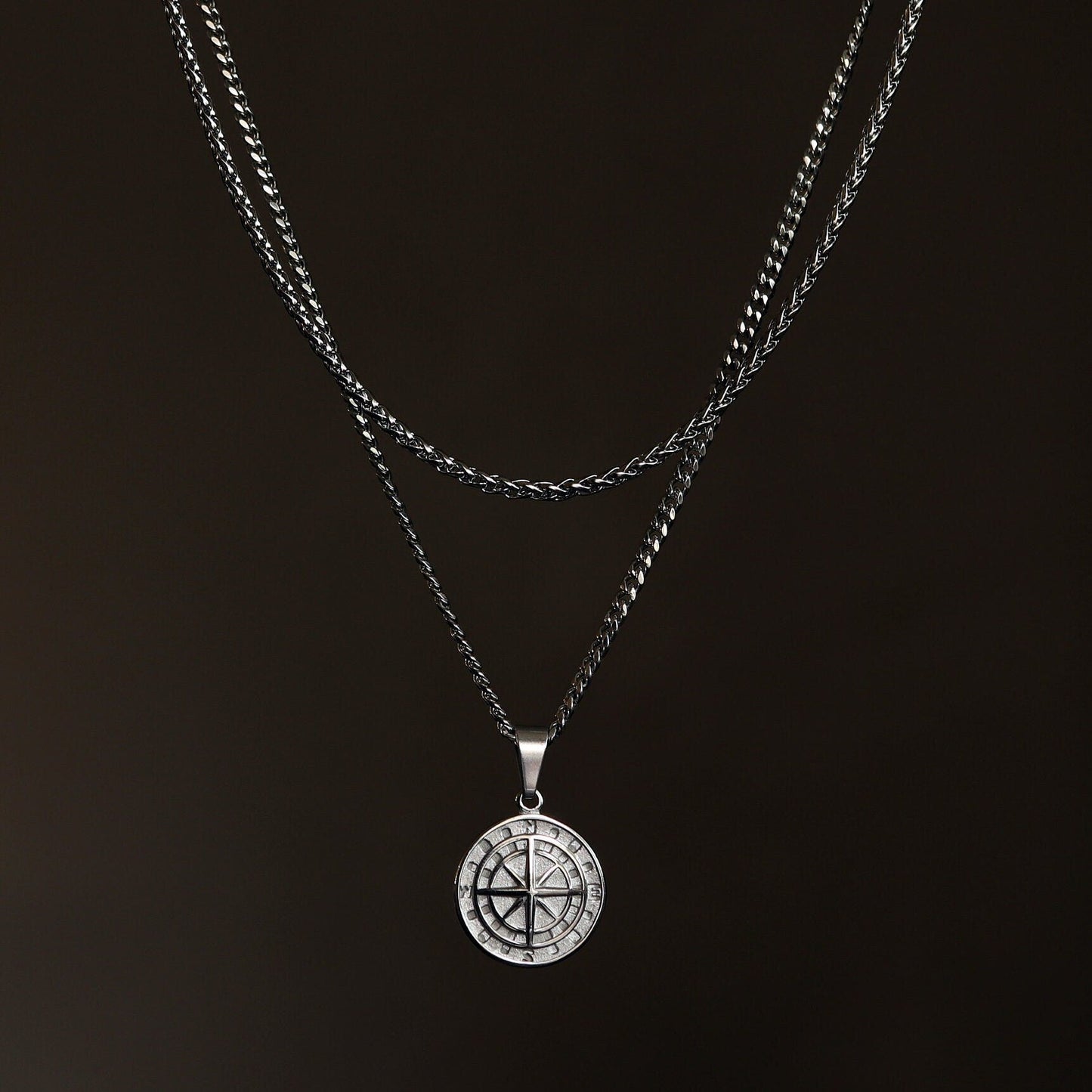 Men's Compass Necklace, North Star Compass Pendant Necklace for Boys, Compass Pendant with 3.5mm Cuban Link Chain