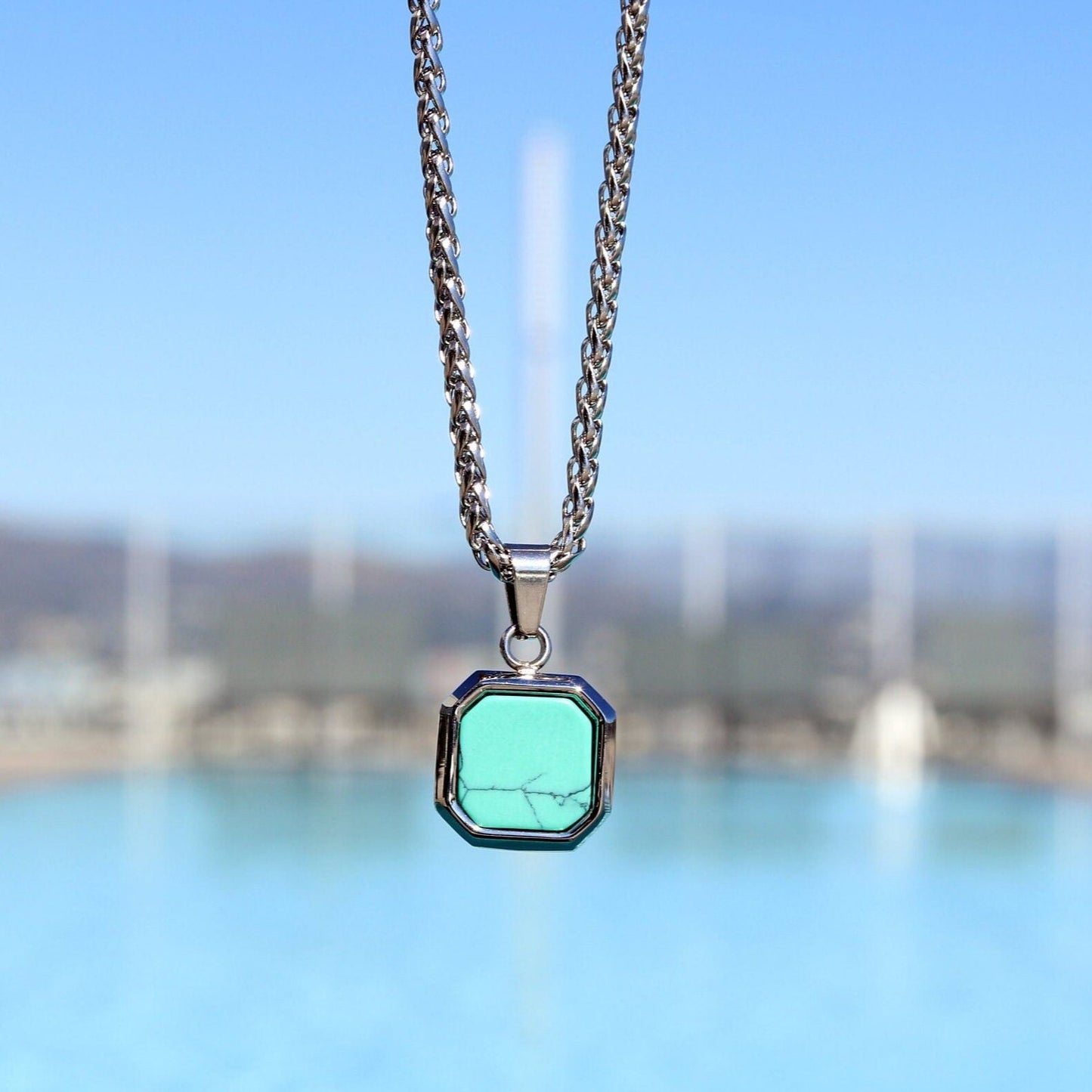 Mens Necklace, Turquoise Stone Pendant Necklace, Gift for Him, Boyfriend Necklace, Waterproof Necklace for Men