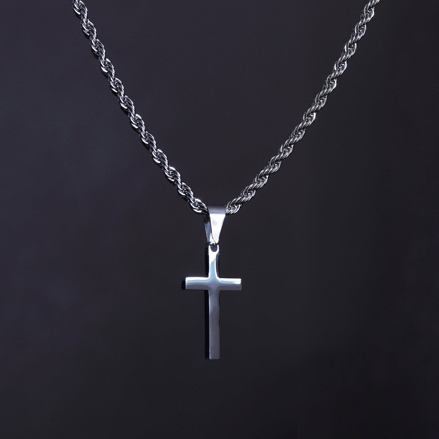 Men's Cross Necklace, Cross Necklace for Boys, Stainless Steel Silver Cross Pendant, 3mm Rope Chain, Gift for Boyfriend, Christian Jewelry