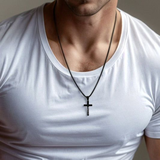 Cross Necklace, Personalized Gift for Him, Custom Necklace for Men, Black Cross Pendant Chain