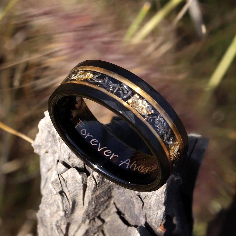 Hammered Gold Leaf Wedding Band, Meteorite Ring, Men's Unique Wedding Band, Black Hammered Tungsten Ring, Mens Hammered Brushed Wedding Ring