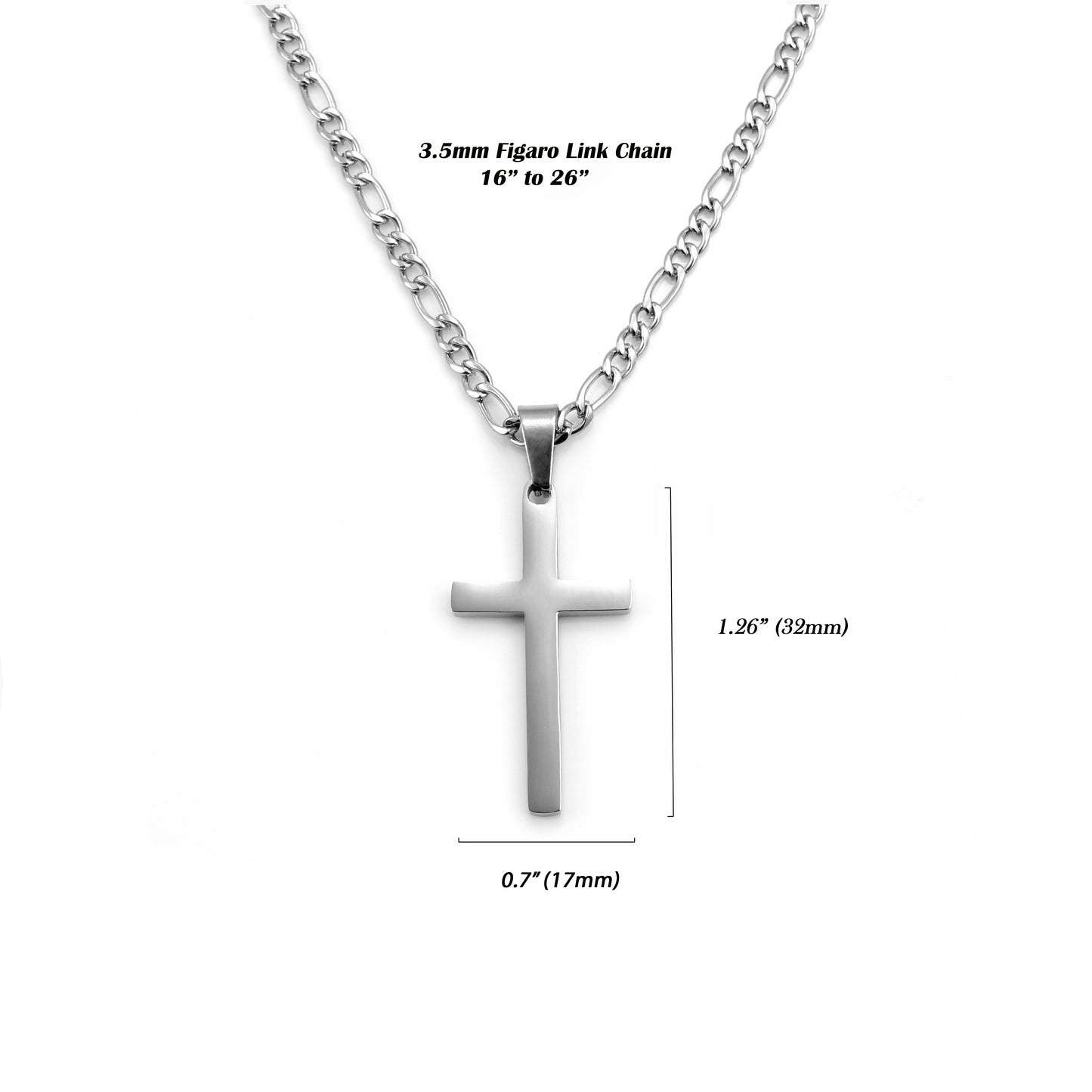 Cross Necklace for Men, Stainless Steel Silver Cross Necklaces for Boys, Cross Pendant with Figaro Link Chain Necklace 16”-26”